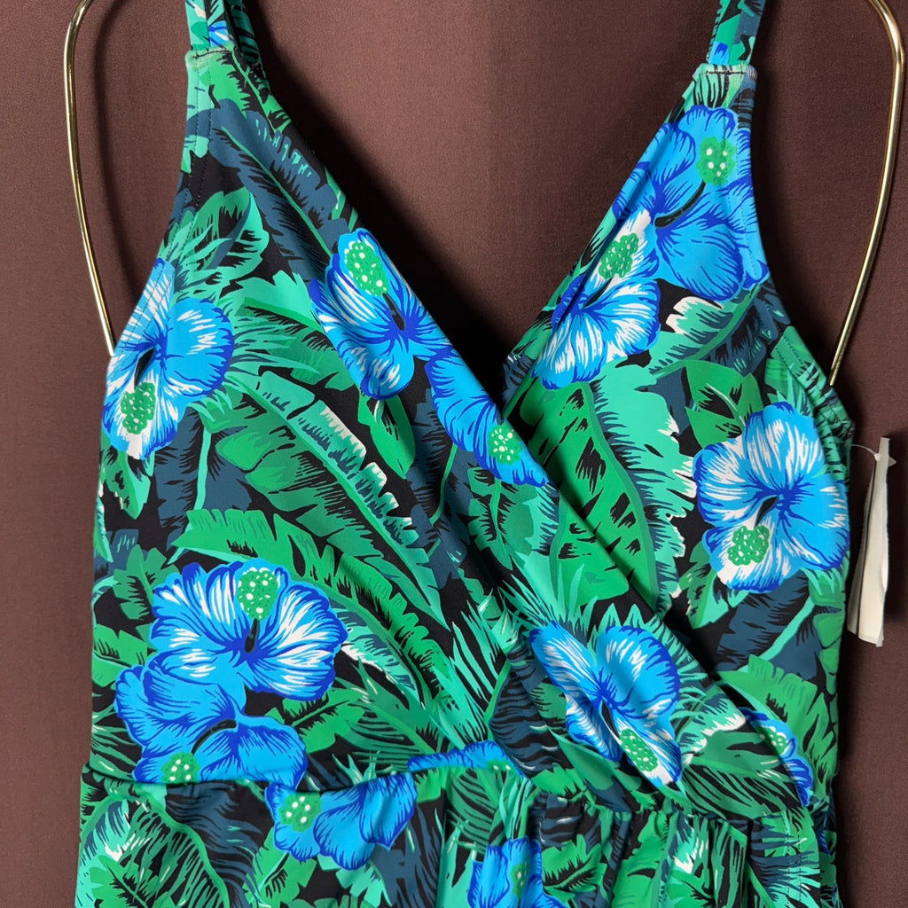 Lands' End Women's XS V-Neck Tulip Wrap Swim Dress One Piece Swimsuit Black/Turq