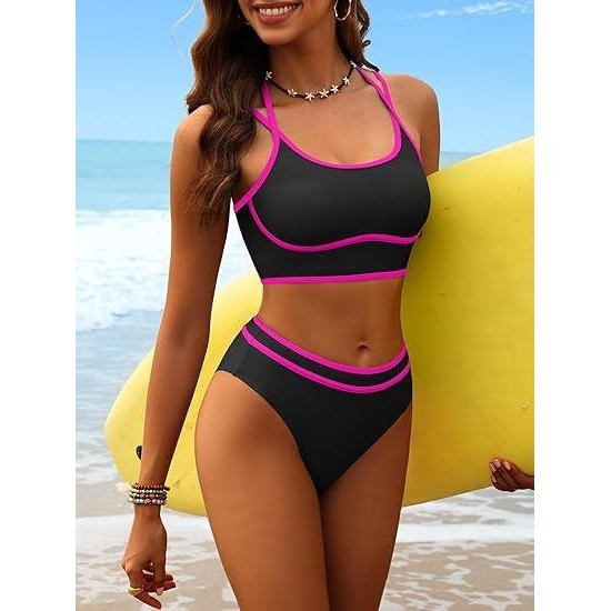 MSRP $26 ANRABESS Women's M Black/Pink Halter Bikini Set Color Block Two Piece