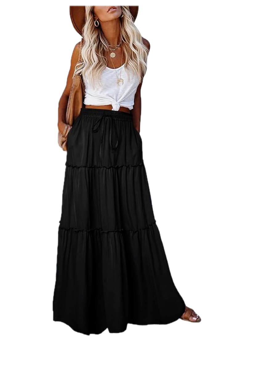 EARKOHA Comfy Casual Maxi Skirt for Women Sz M Tie Waist Paisley Skirt Black  Pl