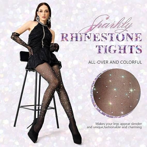 Set of 2 MANZI L-XL Black Rhinestone Sheer Tights Sparkle Shimmer Pantyhose