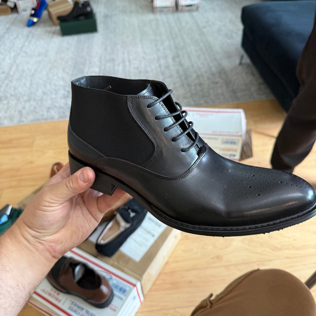 Santimon Men's US 7.5 Black Leather Lace Up Perforated Classic Dress Ankle Boots