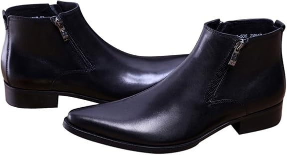 Santimon Mens US 6-10 Black Ankle Genuine Leather Zipper Pointed Toe Casual Boot