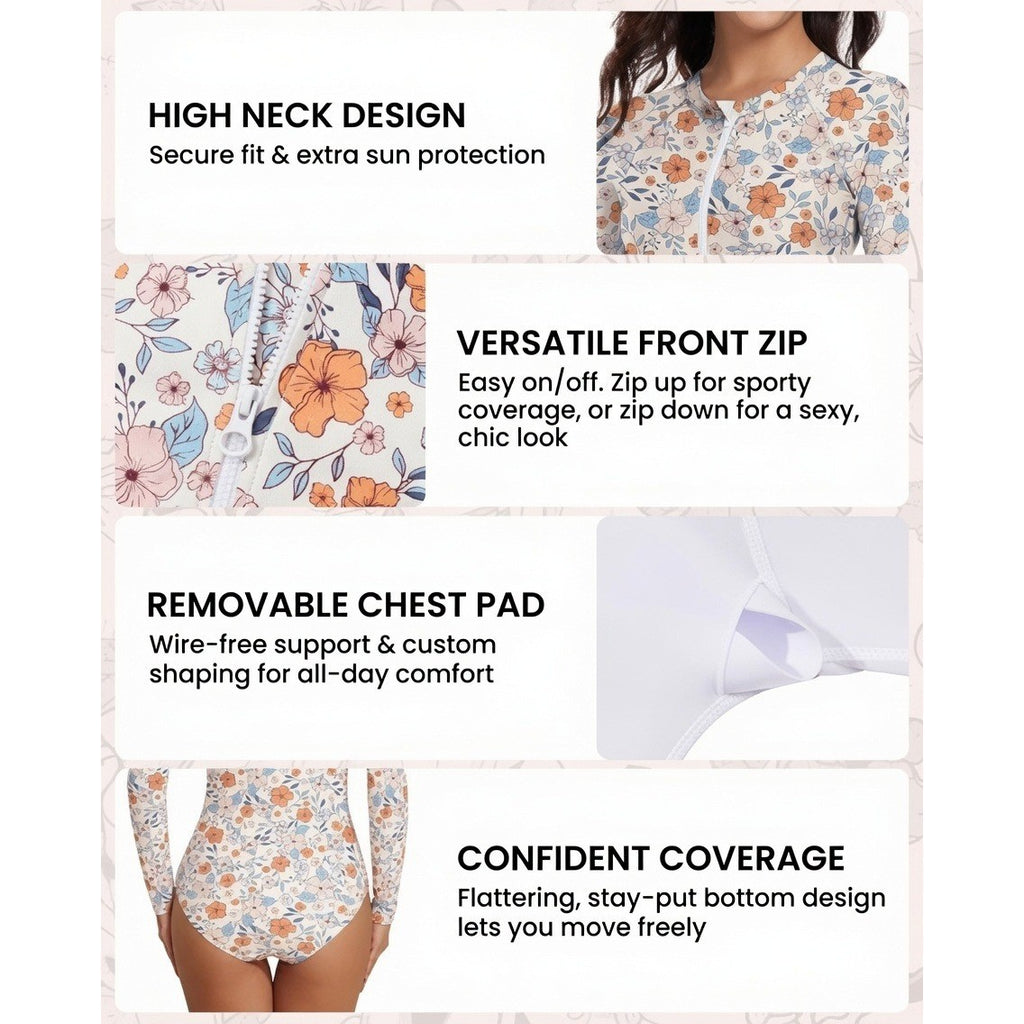 MSRP $32 Century Star Women's S Orange Flower Long Sleeve Swimsuits Rash Guard