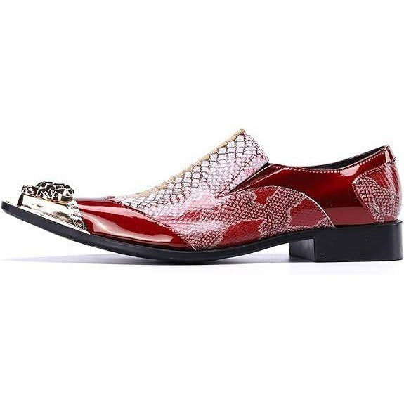 Santimon Mens US 10 Red Genuine Leather Dress Loafers Metallic Cap Slip On Shoes