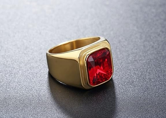 Men's Gold Tone Red CZ Square Stone Ring Stainless Steel Statement Size 8-12