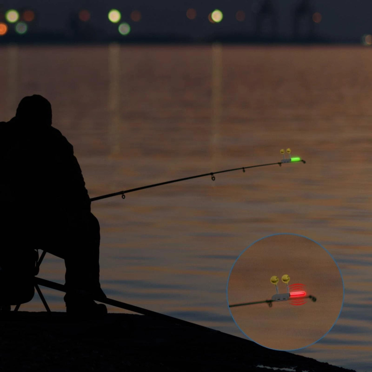 Set of 6 Fishing Rod Tip Lights LED Glow Sticks Bite Alarm Bells - Green, Red