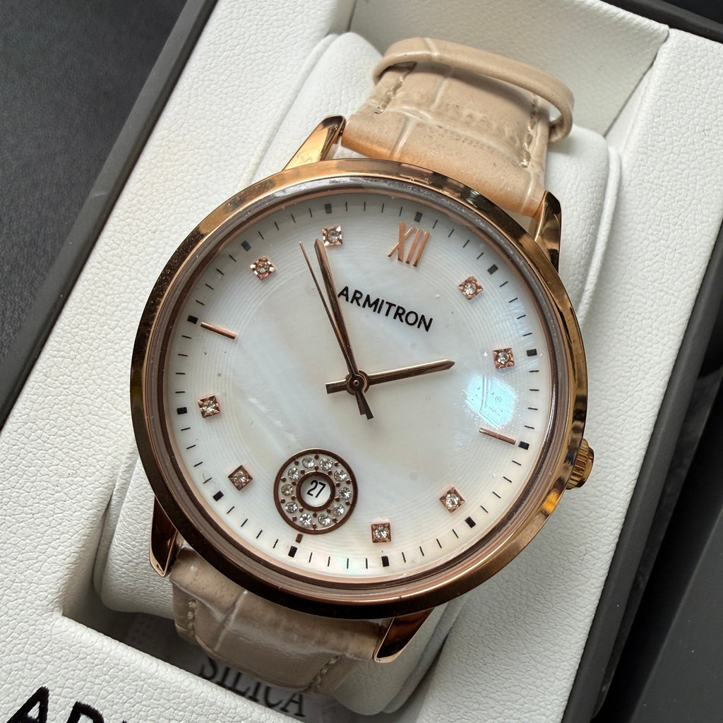 Armitron 75/5834RG Women's Rose Gold Tone Crystal Leather Strap Watch New Batte