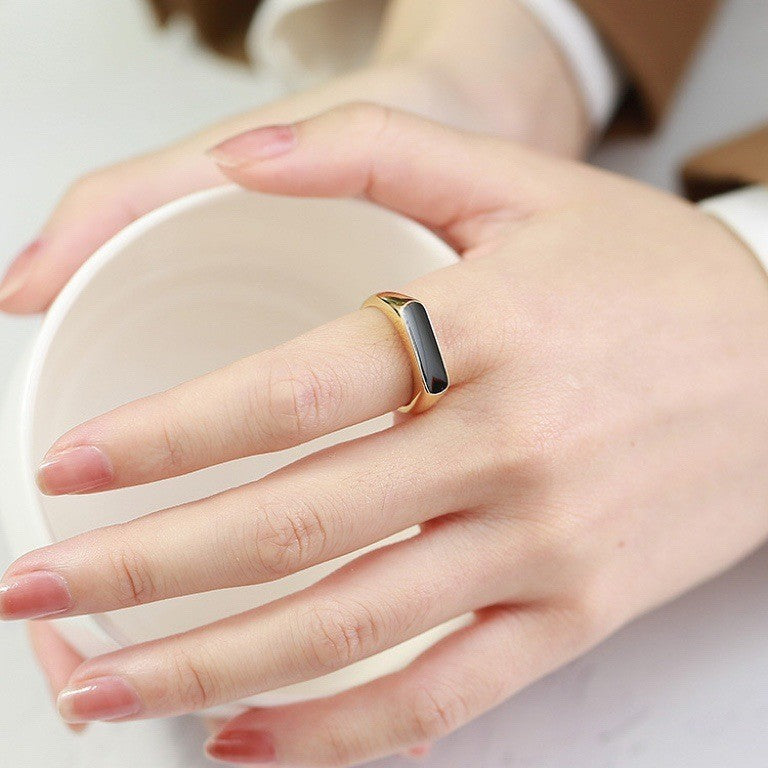 Mother Of Pearl Signet Ring Titanium Steel Gold Tone Unisex Jewelry Size 6-9