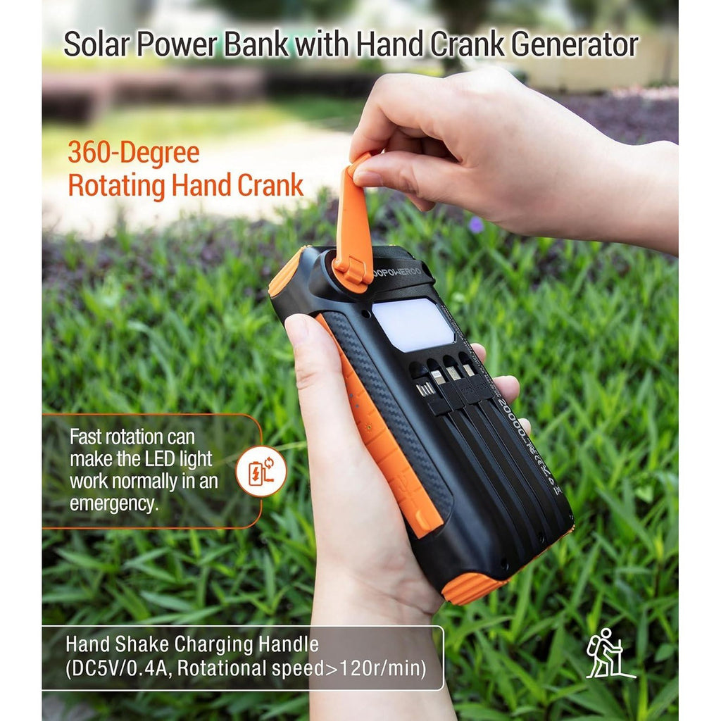 Solar Power Bank 20000mAh Orange Built in Hand Crank 4 Cables 22.5W Fast Charge
