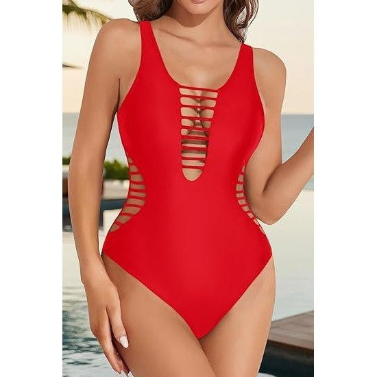 MSRP $45 Aqua Eve Women's L Red Sexy One Piece Swimsuits Plunge Deep V Neck