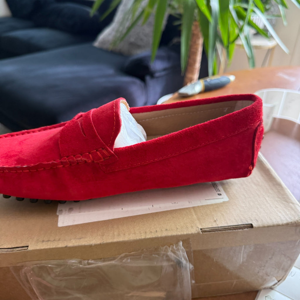 Santimon Mens US 7,9.5 Red Moc Toe Suede Penny Loafers Casual Shoes
