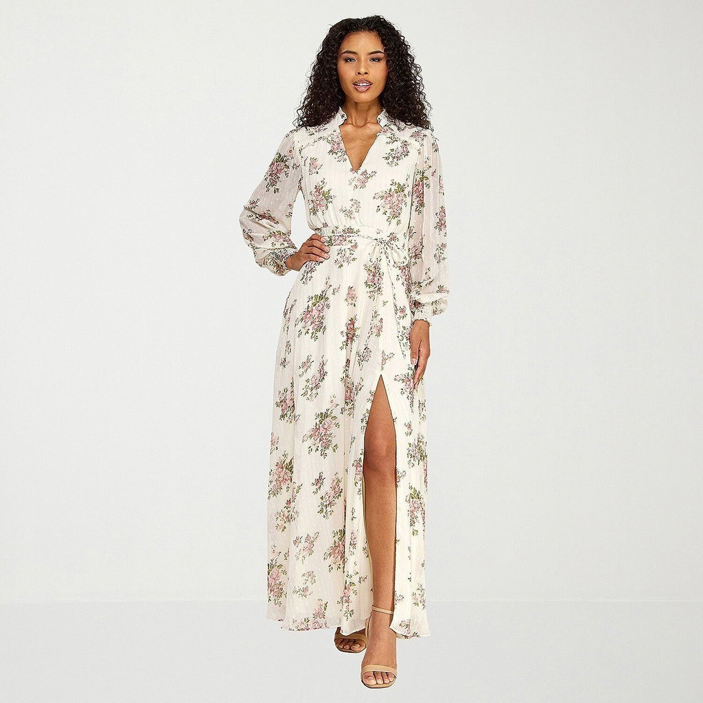 MSRP $99 Premier Amour Womens 8 Cream Blush Puffed Chiffon Maxi Dress V Neck
