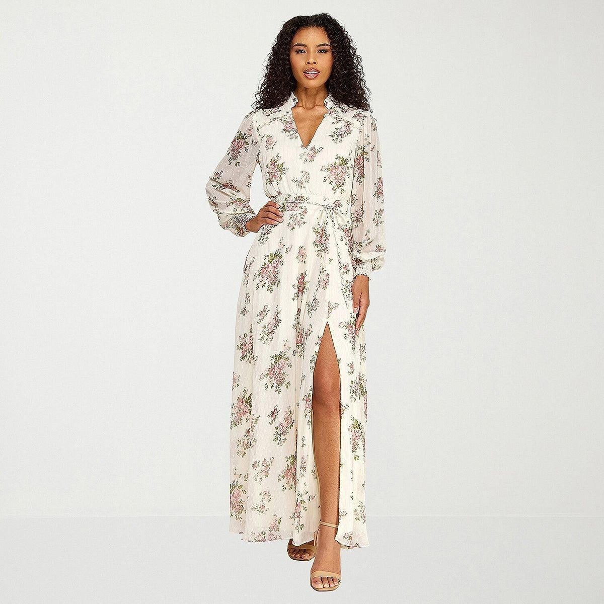 MSRP $99 Premier Amour Womens 8 Cream Blush Puffed Chiffon Maxi Dress V Neck