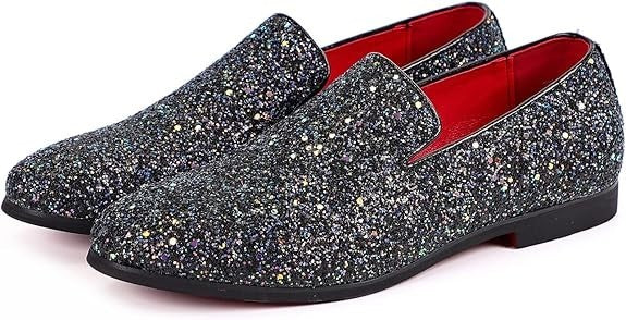 Santimon Men's US 9, 10 Black Glitter Slip-On Loafers Sequin Dress Shoes