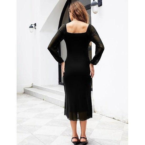 MSRP $60 AISWI L Black Mesh Ruched Maternity Dress Long Sleeves Square Neck