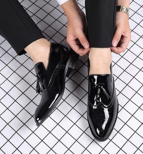Santimon Men's US 8 Black Patent Leather Wingtip Tassel Loafers Dress Shoes