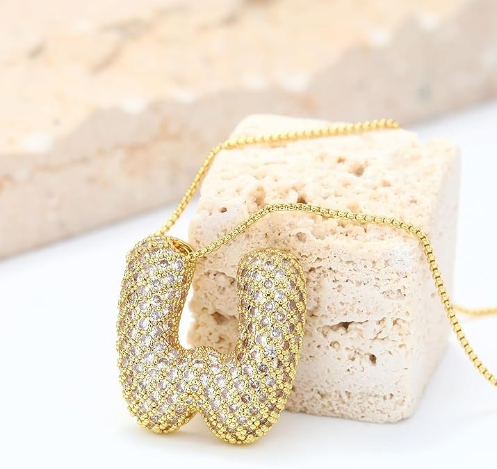 Gold Bubble Letter Women's Necklace G–W Initial Pendant, 18K Gold Plated Chunky
