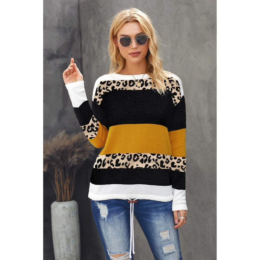 Women's XL Leopard Print Color Block Striped Knit Sweater Long Sleeve Crewneck