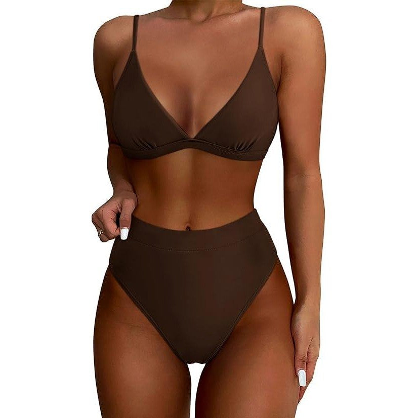 MSRP $40 SUUKSESS Women's M Dark Brown High Waisted High Cut Bikini Set Sexy T