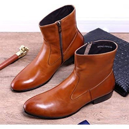 Santimon Men's US 8 Brown Leather Sleek Cut Zipper Above Ankle Dress Boots