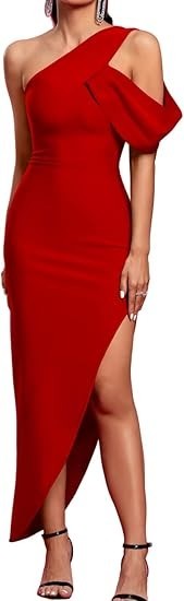 UONBOX Women’s XS-XL Red One Shoulder Side Split Bodycon Midi Bandage Dress