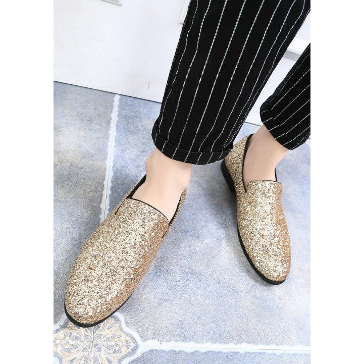 Santimon Men's US 12 Gold Glitter Slip-On Loafers Sequin Dress Shoes