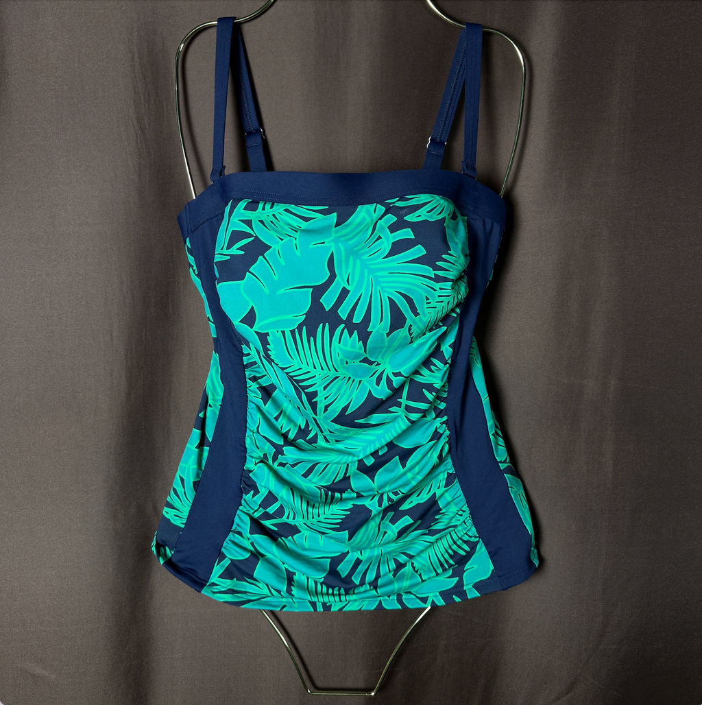 Lands' End Women's 2 LONG Bandeau Tankini Swimsuit Top Tropical Print Navy/Emera