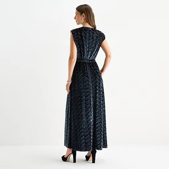 MSRP $130 Sam and Jess 14 Rich Black Velvet V-Neck Maxi Evening Gown Dress Sleev