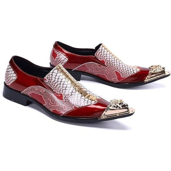 Santimon Mens US 10 Red Genuine Leather Dress Loafers Metallic Cap Slip On Shoes