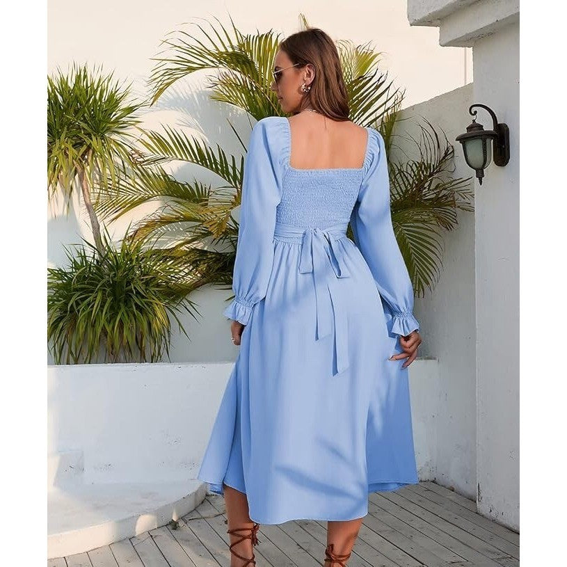 Medium Women Tie Back Long Puff Sleeve Dress Sage Ruffle Wrap Reversible Flowy