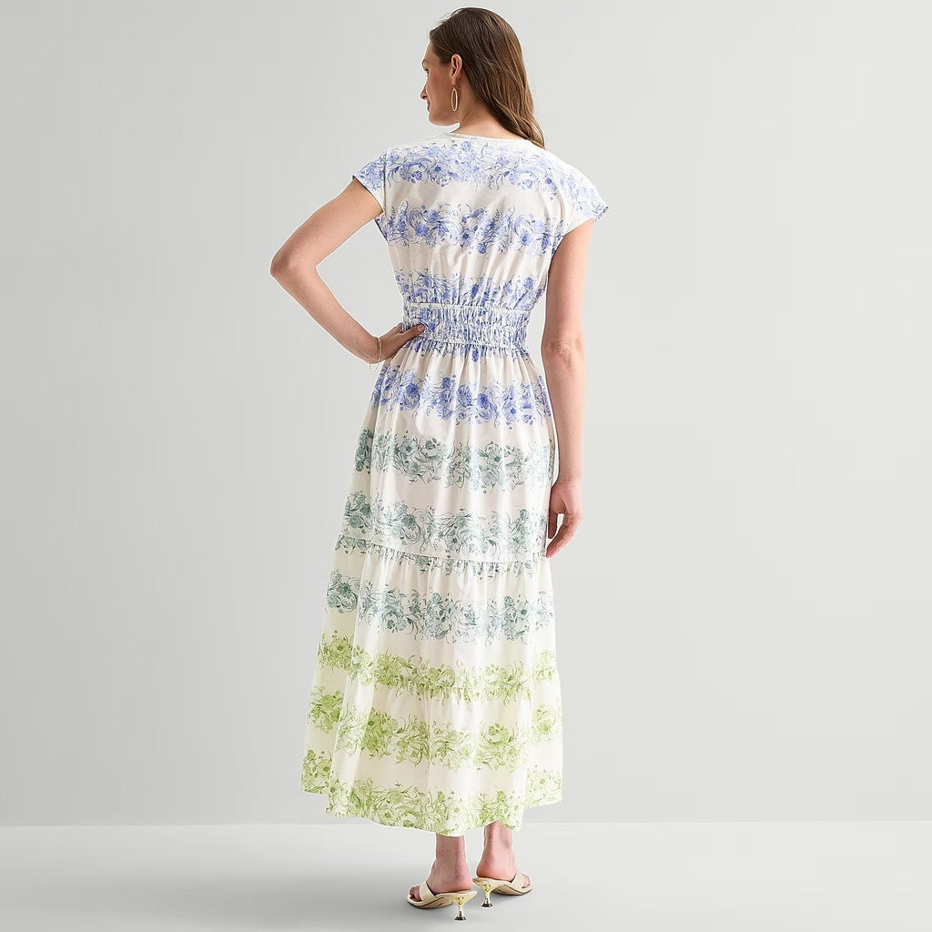 MSRP $89 Sam And Jess Womens L Blue Green Maxi Dress V Neck Short Sleeve Cap
