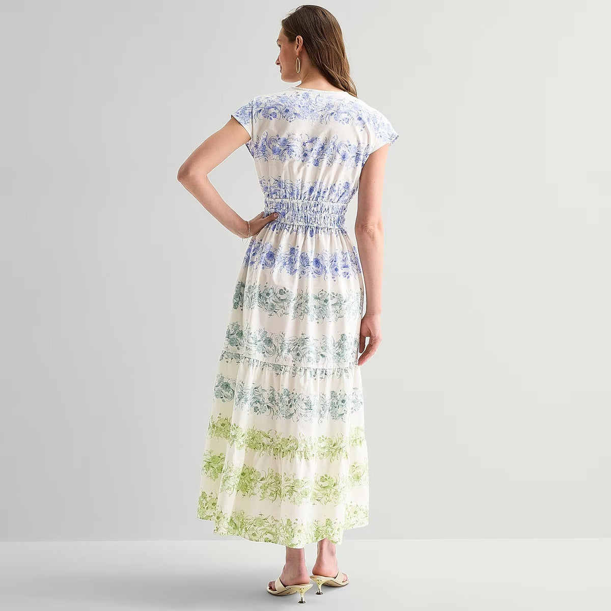 MSRP $89 Sam And Jess Womens L Blue Green Maxi Dress V Neck Short Sleeve Cap