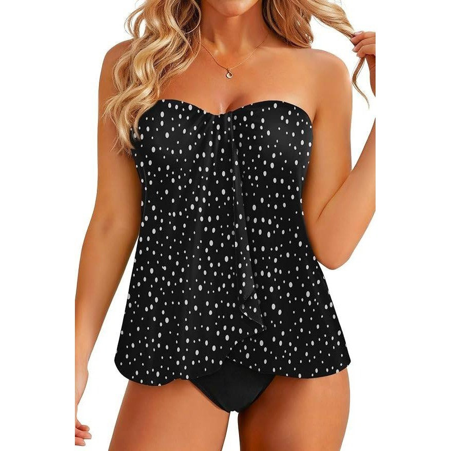 MSRP $44 Tempt Me Women's L Black Two Piece Tankini Bathing Suit Halter Bandeau