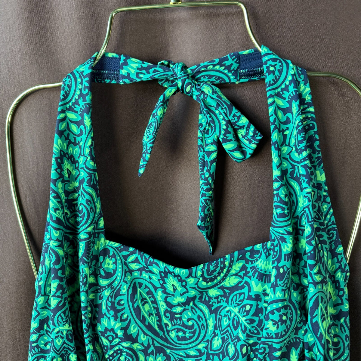 Lands' End Women's 4 Halter Tied Navy/Emerald Paisley Tankini Top