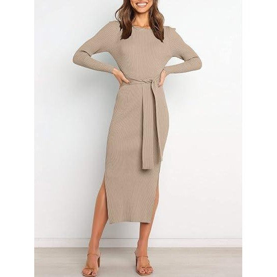 MSRP $59 ANRABESS Womens M Almond Long Sleeve Sweater Dress Crew Neck Slim