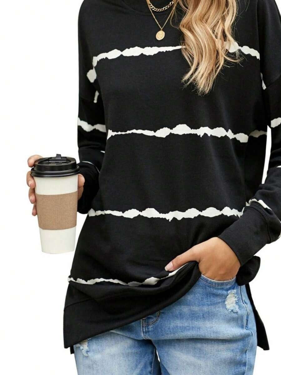 Women's 18W,26W Black Long Sleeve Stripe Print Crewneck Sweatshirt Fashion