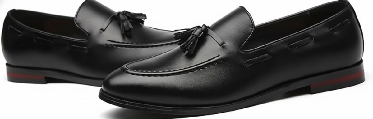 Santimon Men's US 12.5 Black Tassel Flats Loafers Slip On Dress Shoes