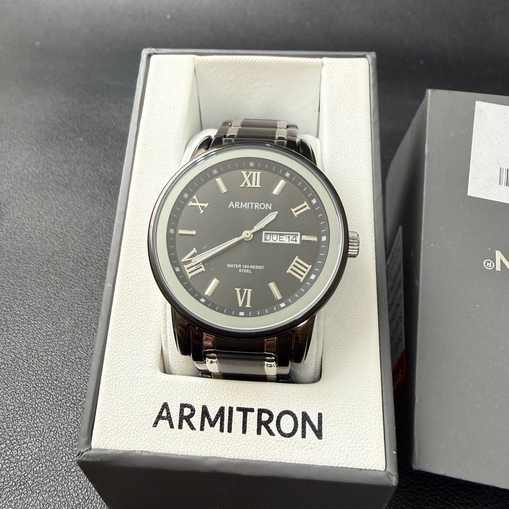 Armitron 20/4935TB Mens Day/Date Black/Silver Tone Bracelet Watch New Battery
