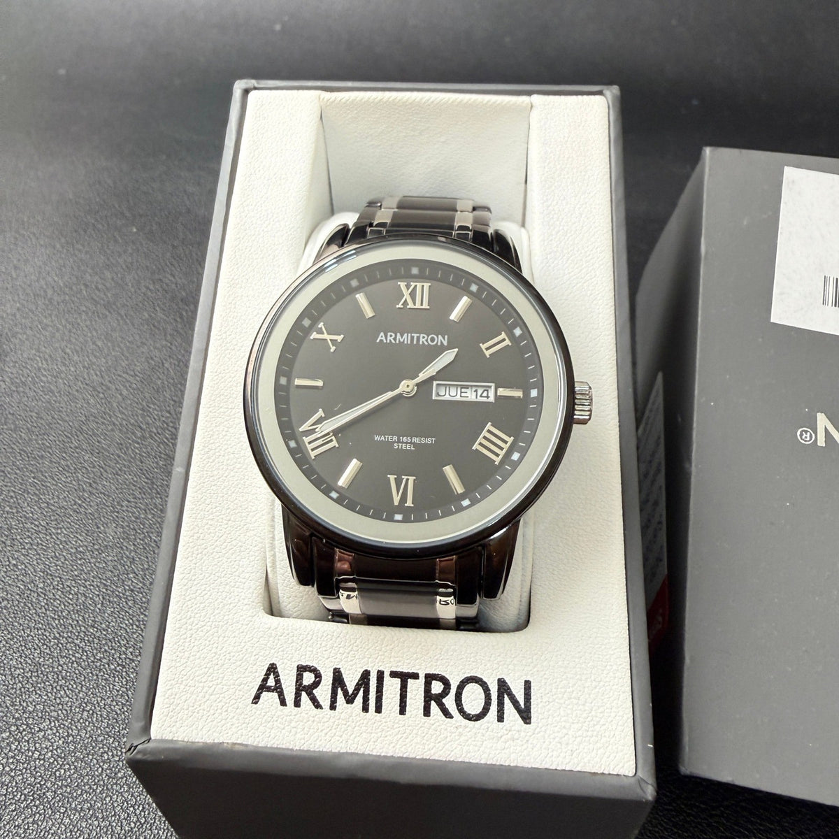 Armitron 20/4935TB Mens Day/Date Black/Silver Tone Bracelet Watch New Battery