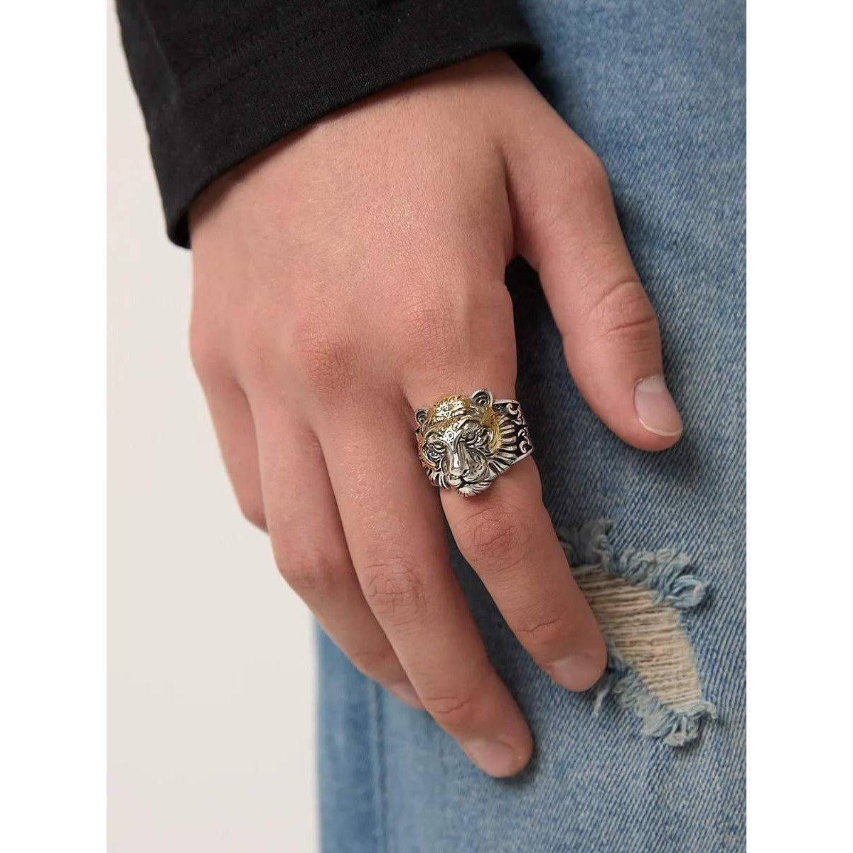 Tiger Head Ring Men's Two Tone Gothic Biker Rock Punk Size 9 Adjustable 8-10