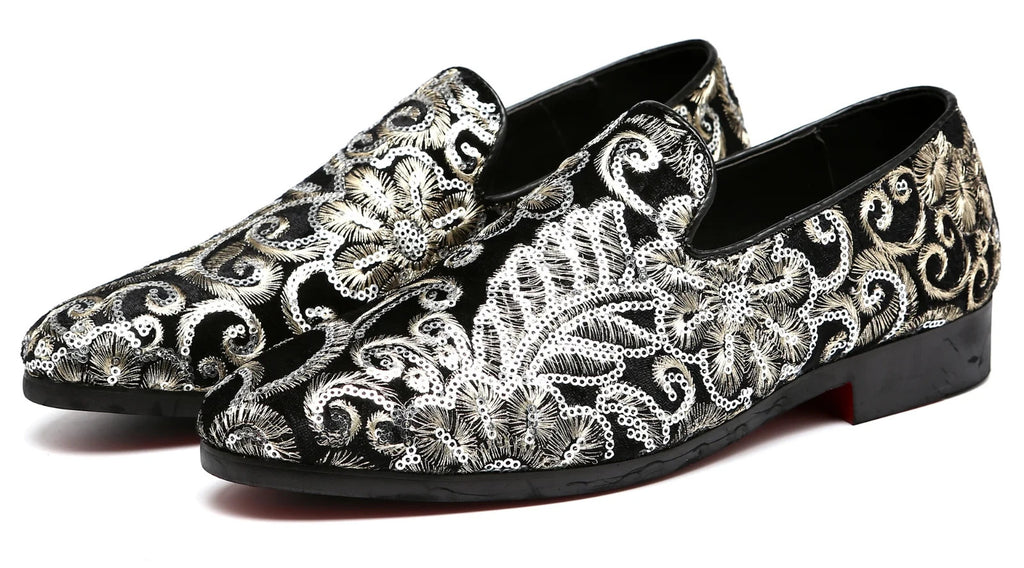 Santimon Men's US 9.5, 12 Black Velvet Gold Stitching Sequins Loafers Shoes
