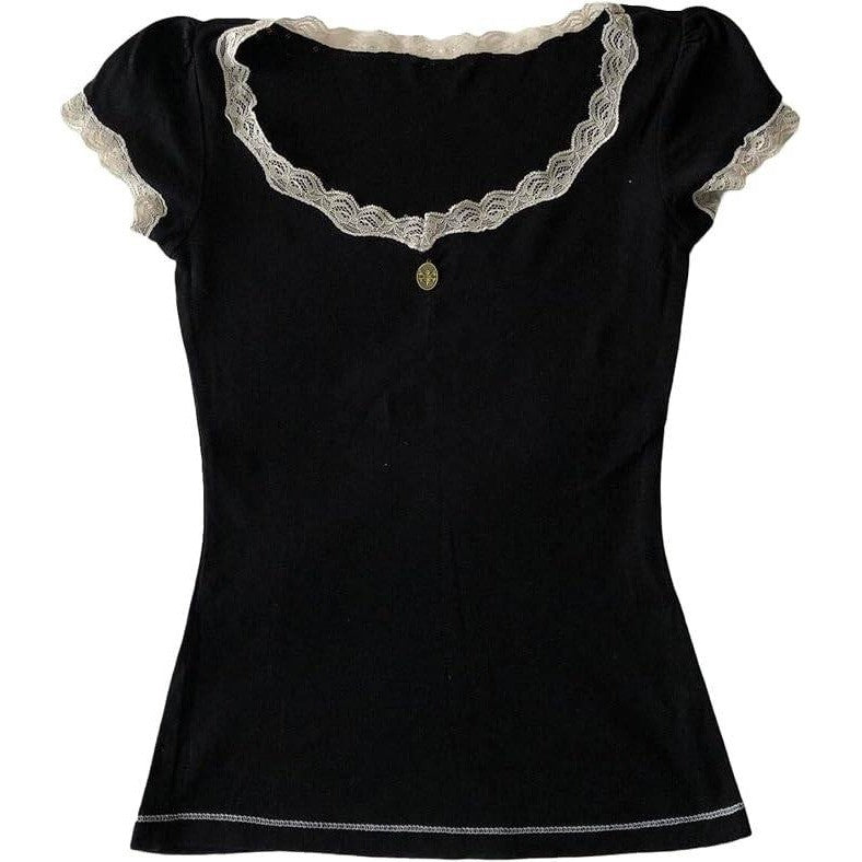 MSRP $23 Aopwsrlyi Women's L Y2k Fairy Grunge Shirt See Through Square Neck Lace