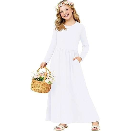 MSRP $26 Deerose Girls White 2XL 13-14Y Summer Maxi Dress w/ Pockets Long Sleev
