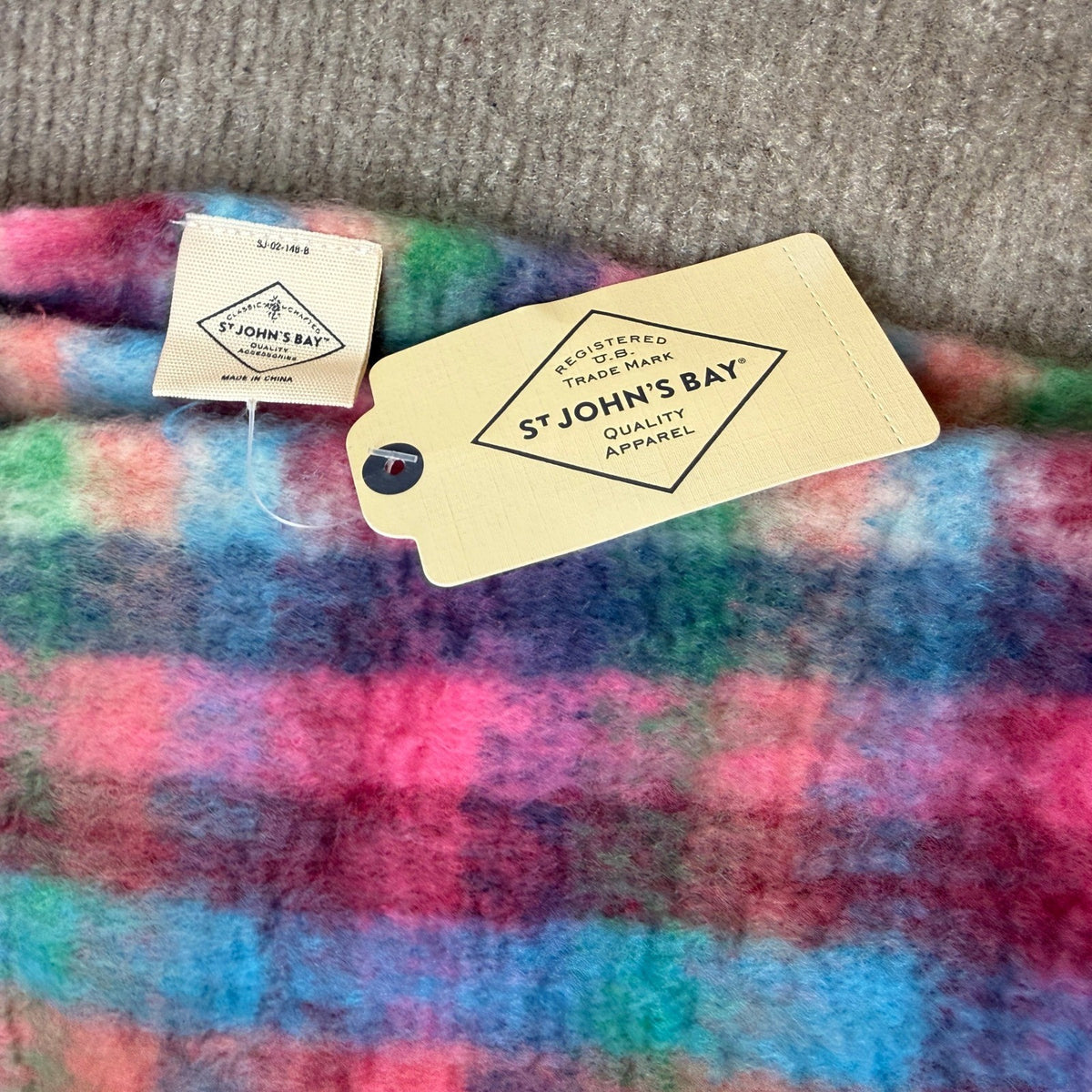 Lot of 2 MSRP $38 St. John's Bay Womens Bright Pink Multi Plaid Scarves Fringe