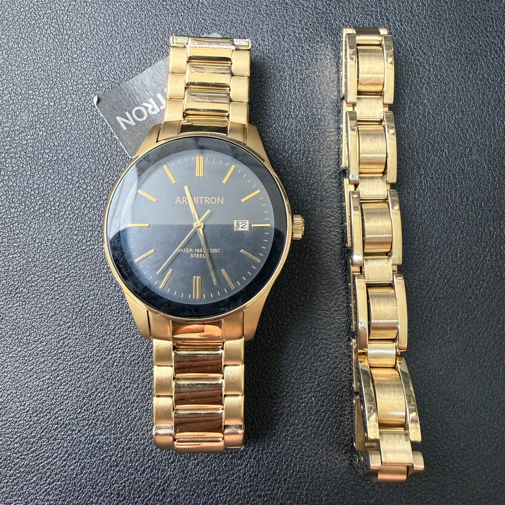 Armitron 20/5374GP Men's Watch and Bracelet Set Gold Tone New Battery Date Fun