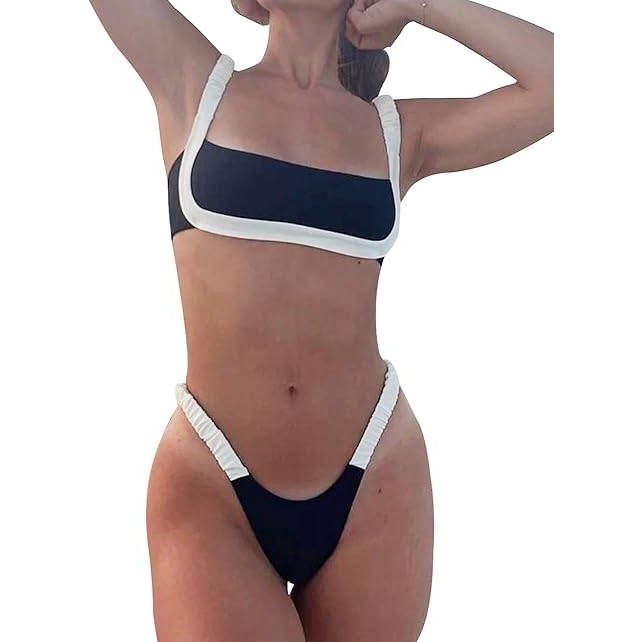 MSRP $23 WODECASA Women's M Black Two Piece Colorblock Bikini Set Square Neck