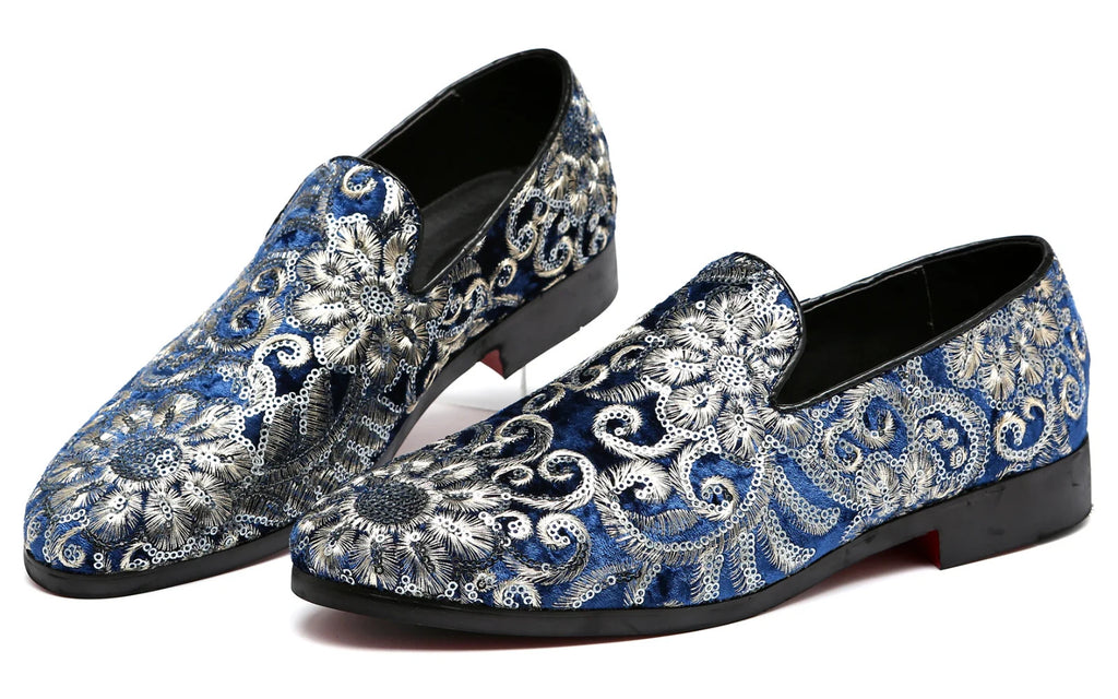 Santimon Men's US 6-12.5 Blue Velvet Silver Stitching Smoking Loafers Shoes