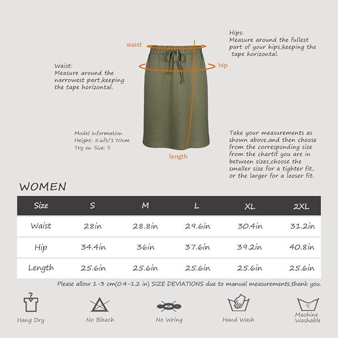 Wenseny Women’s S, 2XL, Army Green Pencil Skirt Elastic Waist Drawstring Solid