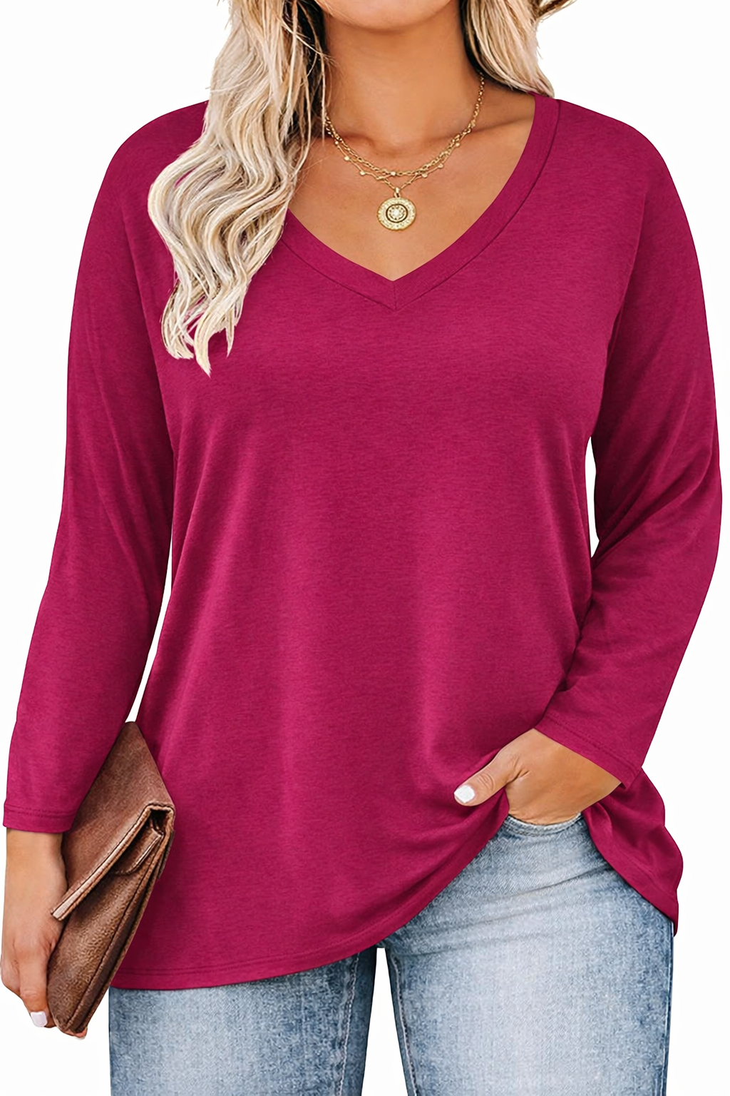 ROSRISS Womens Plus Size 14W-28W Top Long Sleeve Tee V-Neck Tunic Blouse T-Shirt
