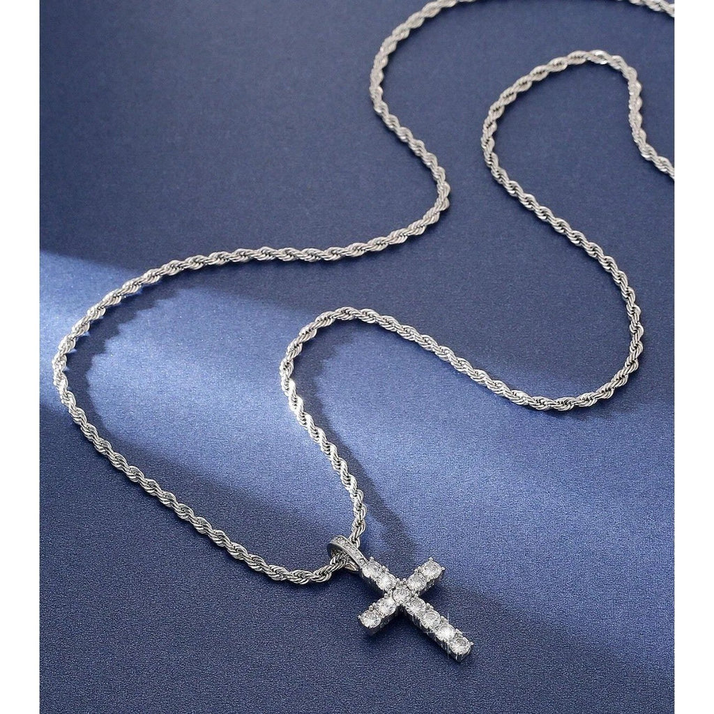 Necklace Cross Pendant Silver Tone Stainless Steel Twisted Rope Chain Women